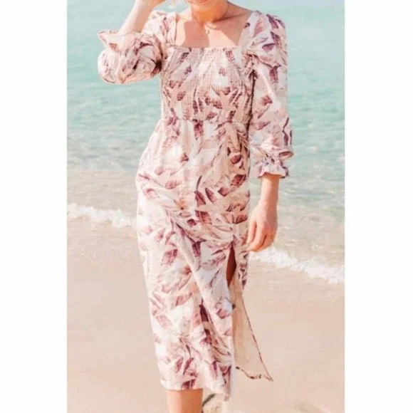 House of Harlow 1960 Linen Palm Print Midi Dress Size Small - Picture 3 of 9